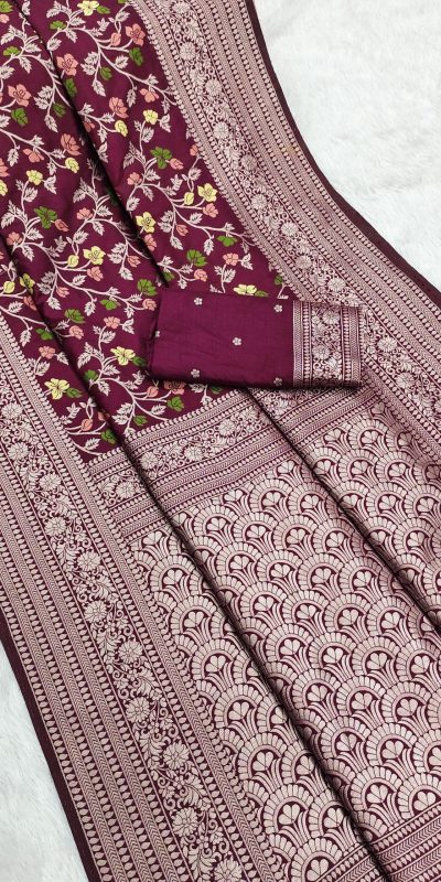 MB 96 Maroon Color Khaddi Pashmina with Zari Work & Lace Work Saree . Now at just ₹1999. Delivery 4-6 Working Days. Shop now. | Creative Sarees, Embroidered Sarees, Bollywood Sarees, Designer Sarees, Ethnic Saree, Modern Digital sarees, Party Wear Sarees, Sarees
