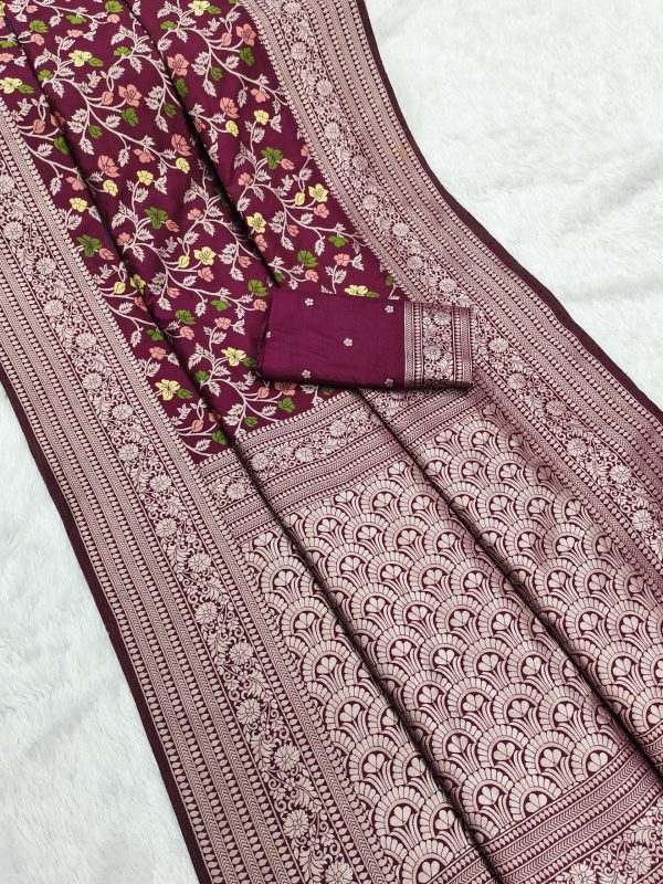 MB 96 Maroon Color Khaddi Pashmina with Zari Work & Lace Work Saree . Now at just ₹1999. Delivery 4-6 Working Days. Shop now. | Creative Sarees, Embroidered Sarees, Bollywood Sarees, Designer Sarees, Ethnic Saree, Modern Digital sarees, Party Wear Sarees, Sarees