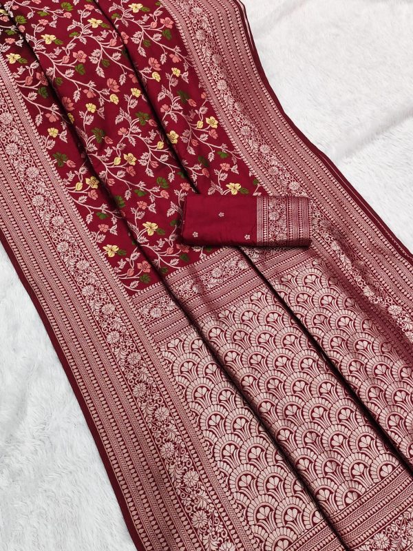 MB 96 Maroon Color Khaddi Pashmina with Zari Work & Lace Work Saree . Now at just ₹1999. Delivery 4-6 Working Days. Shop now. | Creative Sarees, Embroidered Sarees, Bollywood Sarees, Designer Sarees, Ethnic Saree, Modern Digital sarees, Party Wear Sarees, Sarees