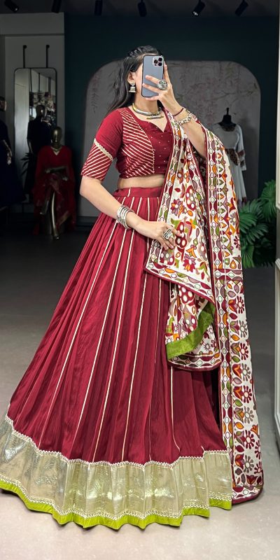 LNB 1658 Maroon Pure Chanderi with Zari Work & Gotta Patti Work Lehenga Choli . Introductory Price ₹3199. Delivery 4-6 Working Days. Shop now. | Bollywood Lehenga, Creative Lehenga, Designer Lehenga, Embroidered Lehenga, Lehenga, Party Wear Lehenga