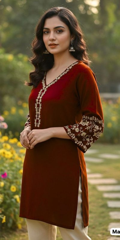 INLI Adaa 5.0 Maroon Rayon with Embroidery Work Kurti .Wedding, Party, Festive, Events, Best Price ₹1349. Delivery 4-6 Working Days. Shop now. | Bollywood Kurti, Creative Kurtis, Designer Kurti, Kurti, Party Wear Kurti, Selfie Kurti