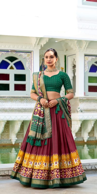 LNB 1680 Maroon Tasar Silk Patola Print & Gotta Patti Work Lehenga Choli in . Special Price ₹2449. Delivery 4-6 Working Days. Shop now. | Creative Lehenga, Bollywood Lehenga, Designer Lehenga, Embroidered Lehenga, Lehenga, Party Wear Lehenga