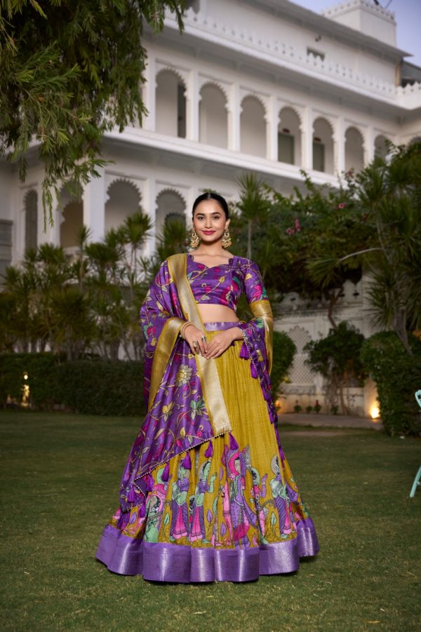 LNB 1231 Mustard Dola Silk Jacquard Silk Kalamkari Print & Zari Work Lehenga Choli in Best Price ₹1899. Delivery 4-6 Working Days. Shop now. | Creative Lehenga, Bollywood Lehenga, Designer Lehenga, Embroidered Lehenga, Lehenga, Party Wear Lehenga