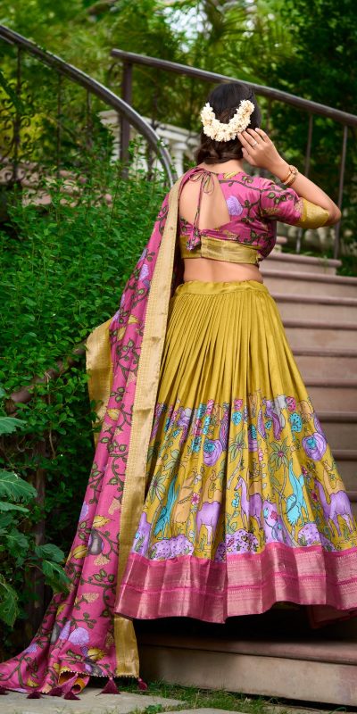 LNB 1222 Mustard Dola Silk With Kalamkari Print & Zari Work Lehenga Choli . Grab it for ₹1899. Delivery 4-6 Working Days. Shop now. | Creative Lehenga, Bollywood Lehenga, Designer Lehenga, Embroidered Lehenga, Lehenga, Party Wear Lehenga