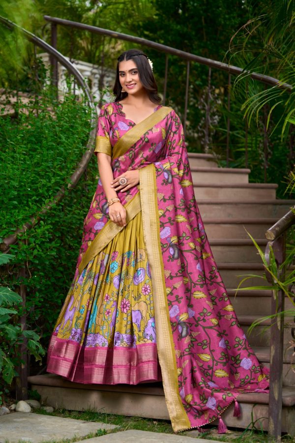 LNB 1222 Mustard Dola Silk With Kalamkari Print & Zari Work Lehenga Choli . Grab it for ₹1899. Delivery 4-6 Working Days. Shop now. | Creative Lehenga, Bollywood Lehenga, Designer Lehenga, Embroidered Lehenga, Lehenga, Party Wear Lehenga