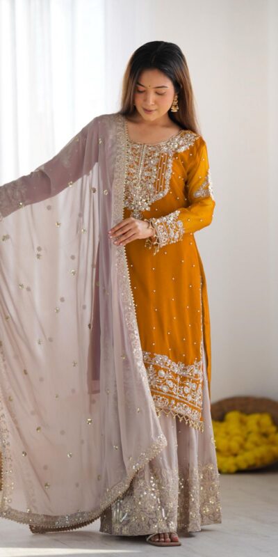 SR 1676 Mustard Heavy Faux Georgette With Heavy Embroidery Perfect for Wedding, Party, Ethnic Day, Reception, Diwali 4-6 Working Days At 2049/- Only | Casual Suits, Jump Suits, Creative suits, Designer Suits, Palazzo Suits, Party Wear Suits, Patiala Suits, Salwar suit, Straight Suits