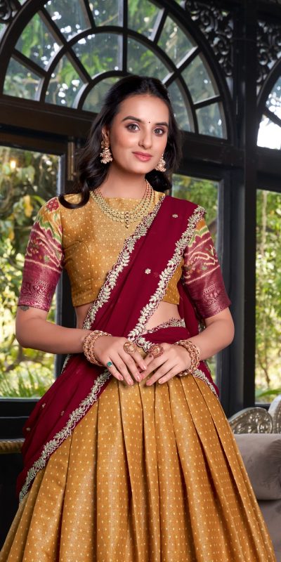 LNB 1240 Mustard Kanchipuram With Embroidery Work & Zari Work Lehenga Choli ₹2499 on Availablely. Delivery 4-6 Working Days. Shop now. | Creative Lehenga, Bollywood Lehenga, Designer Lehenga, Embroidered Lehenga, Lehenga, Party Wear Lehenga