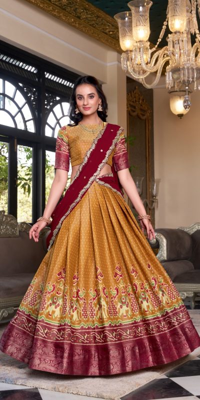 LNB 1240 Mustard Kanchipuram With Embroidery Work & Zari Work Lehenga Choli ₹2499 on Availablely. Delivery 4-6 Working Days. Shop now. | Creative Lehenga, Bollywood Lehenga, Designer Lehenga, Embroidered Lehenga, Lehenga, Party Wear Lehenga