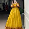 YNF 5034 Mustard Polyester Viscose Chanderi Zari Work & Lace Work Gown in . Affordable Price ₹1799. Delivery 4-6 Working Days. Shop now. | Bollywood Gowns, Creative Gowns, Designer Gowns, Embroidered Gowns, Gowns, Party Wear Gowns