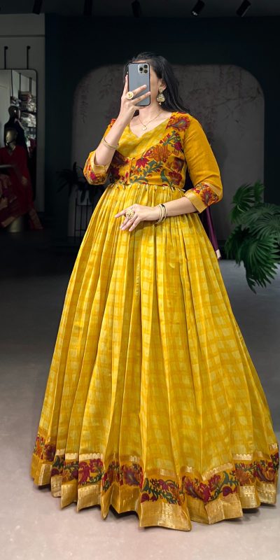 YNF 5034 Mustard Polyester Viscose Chanderi Zari Work & Lace Work Gown in . Affordable Price ₹1799. Delivery 4-6 Working Days. Shop now. | Bollywood Gowns, Creative Gowns, Designer Gowns, Embroidered Gowns, Gowns, Party Wear Gowns