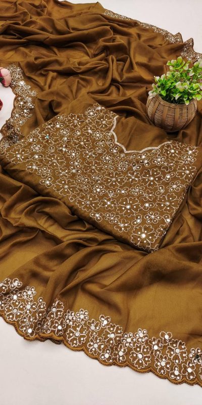 Mustard Star Georgette Silk Embroidery Work Saree