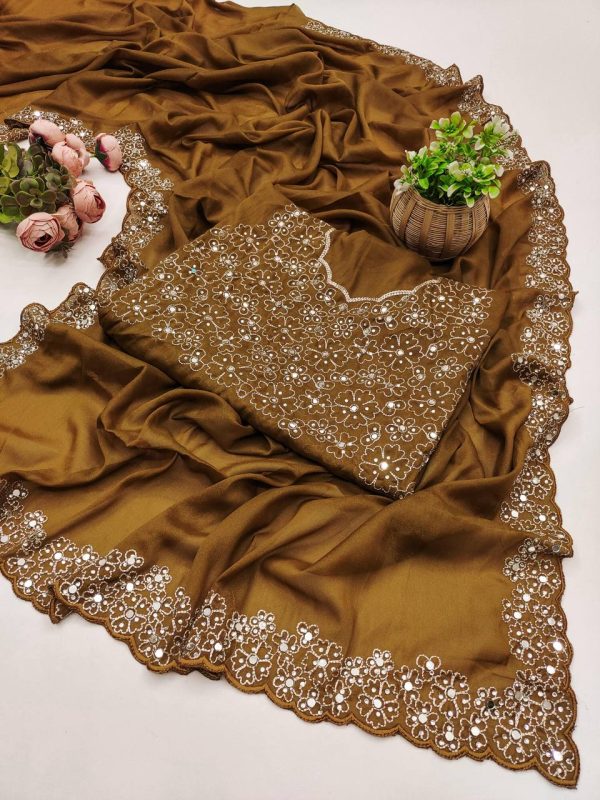 Mustard Star Georgette Silk Embroidery Work Saree