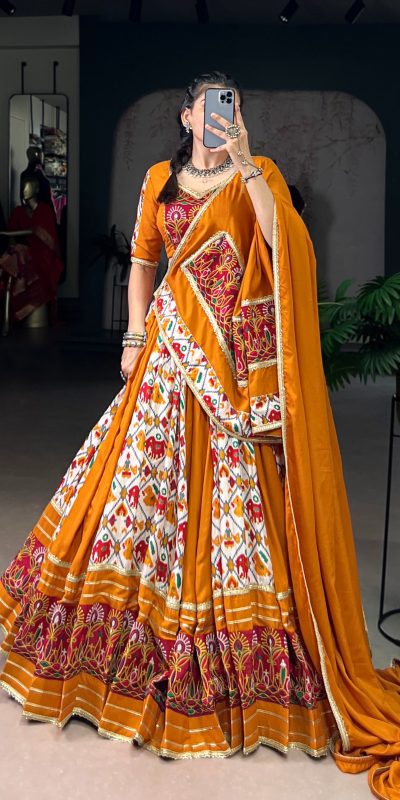 Mustard Tussar Silk Patola Foil Printed Lehenga Choli