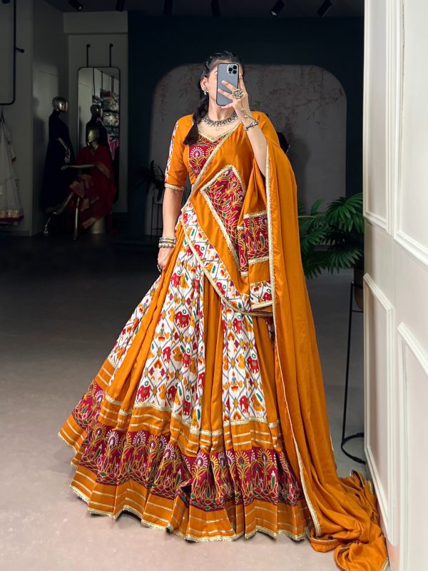 Mustard Tussar Silk Patola Foil Printed Lehenga Choli