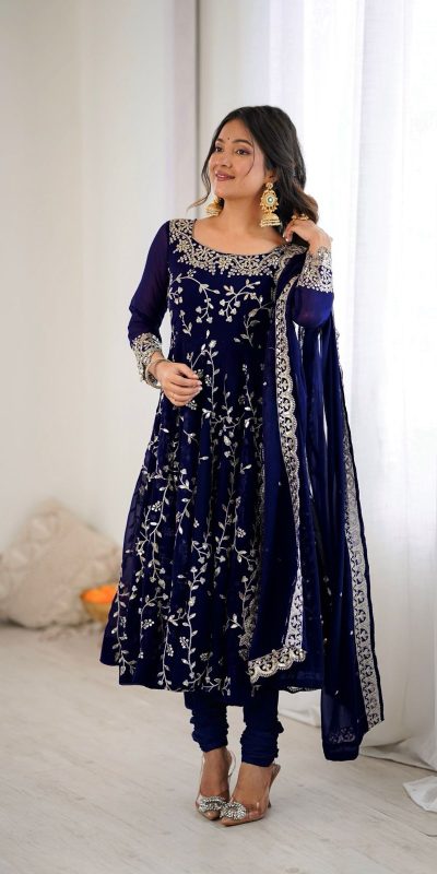 SRK 5299 Navy Blue Faux Georgette With Sequence Work Perfect for Wedding, , Lohri, Temple Visit, Ganesh Chaturthi Festive, Events, 4-6 Working Days At 2149 | Bollywood Gowns, Creative Gowns, Designer Gowns, Embroidered Gowns, Gowns, Party Wear Gowns