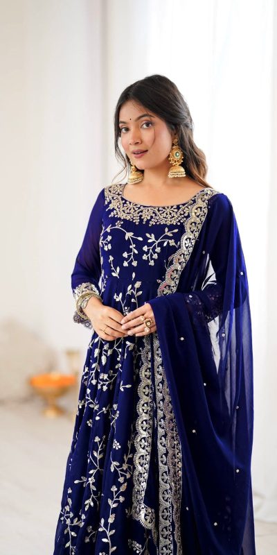 SRK 5299 Navy Blue Faux Georgette With Sequence Work Perfect for Wedding, , Lohri, Temple Visit, Ganesh Chaturthi Festive, Events, 4-6 Working Days At 2149 | Bollywood Gowns, Creative Gowns, Designer Gowns, Embroidered Gowns, Gowns, Party Wear Gowns