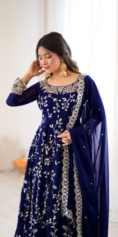 SRK 5299 Navy Blue Faux Georgette With Sequence Work Perfect for Wedding, , Lohri, Temple Visit, Ganesh Chaturthi Festive, Events, 4-6 Working Days At 2149 | Bollywood Gowns, Creative Gowns, Designer Gowns, Embroidered Gowns, Gowns, Party Wear Gowns