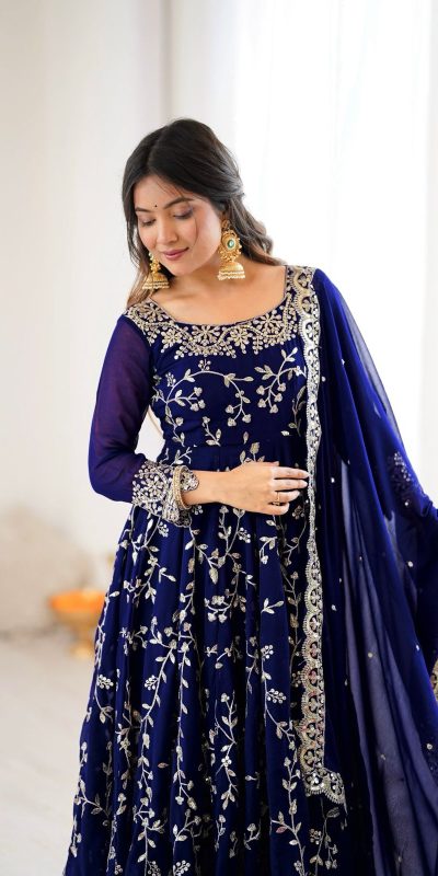 SRK 5299 Navy Blue Faux Georgette With Sequence Work Perfect for Wedding, , Lohri, Temple Visit, Ganesh Chaturthi Festive, Events, 4-6 Working Days At 2149 | Bollywood Gowns, Creative Gowns, Designer Gowns, Embroidered Gowns, Gowns, Party Wear Gowns