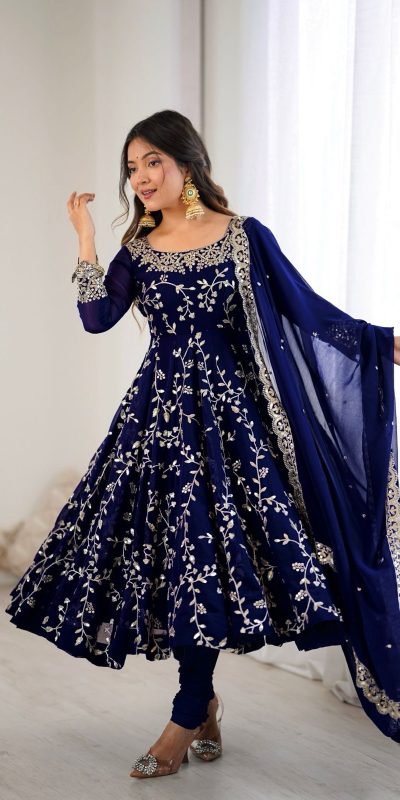 SRK 5299 Navy Blue Faux Georgette With Sequence Work Perfect for Wedding, , Lohri, Temple Visit, Ganesh Chaturthi Festive, Events, 4-6 Working Days At 2149 | Bollywood Gowns, Creative Gowns, Designer Gowns, Embroidered Gowns, Gowns, Party Wear Gowns