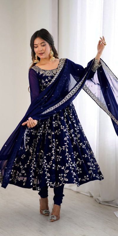 SRK 5299 Navy Blue Faux Georgette With Sequence Work Perfect for Wedding, , Lohri, Temple Visit, Ganesh Chaturthi Festive, Events, 4-6 Working Days At 2149 | Bollywood Gowns, Creative Gowns, Designer Gowns, Embroidered Gowns, Gowns, Party Wear Gowns