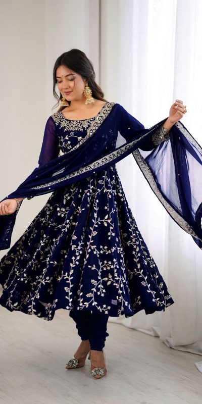 SRK 5299 Navy Blue Faux Georgette With Sequence Work Perfect for Wedding, , Lohri, Temple Visit, Ganesh Chaturthi Festive, Events, 4-6 Working Days At 2149 | Bollywood Gowns, Creative Gowns, Designer Gowns, Embroidered Gowns, Gowns, Party Wear Gowns