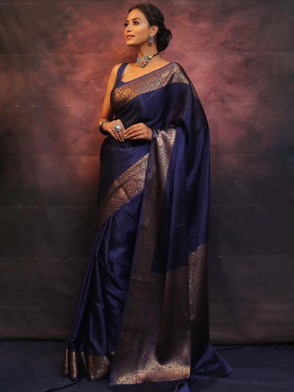 Navy Blue Soft Lichi Silk Lace Border Saree