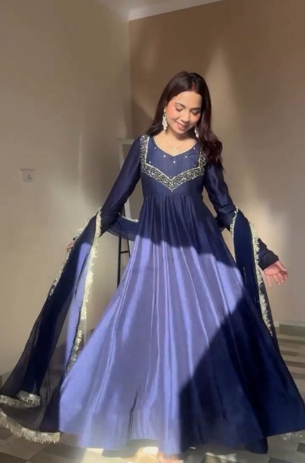 Navy Blue Star Georgette Embroidery Lace Work Gown
