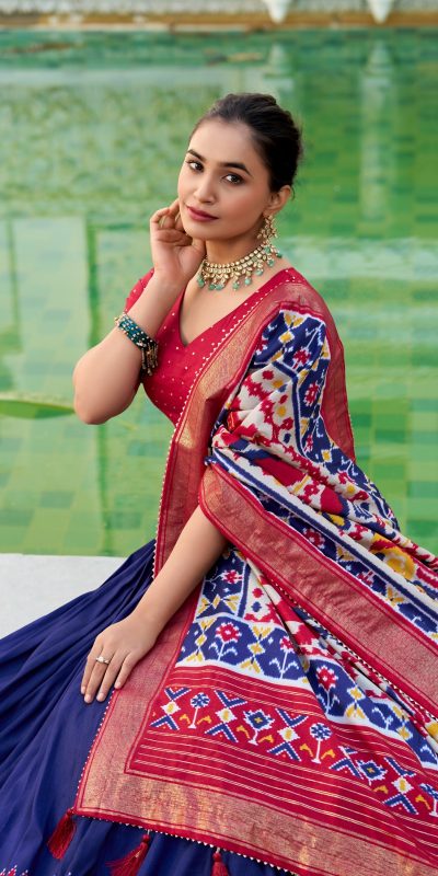 LNB 1680 Navy Blue Tasar Silk Patola Print & Gotta Patti Work Lehenga Choli in . Special Price ₹2449. Delivery 4-6 Working Days. Shop now. | Creative Lehenga, Bollywood Lehenga, Designer Lehenga, Embroidered Lehenga, Lehenga, Party Wear Lehenga