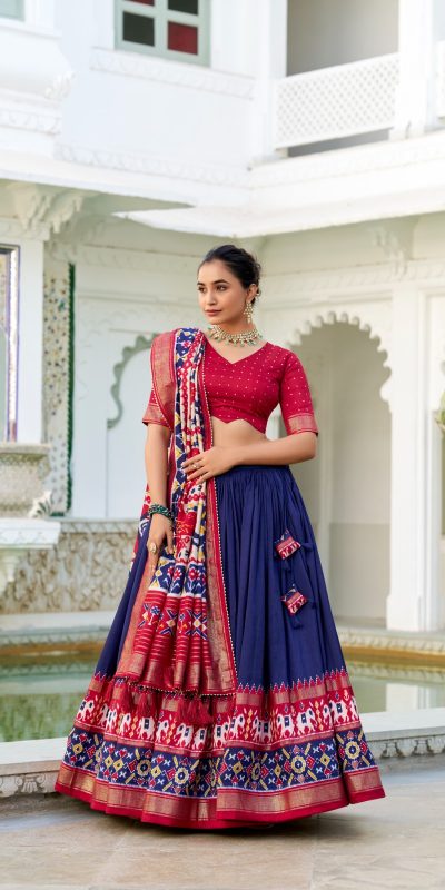 LNB 1680 Navy Blue Tasar Silk Patola Print & Gotta Patti Work Lehenga Choli in . Special Price ₹2449. Delivery 4-6 Working Days. Shop now. | Creative Lehenga, Bollywood Lehenga, Designer Lehenga, Embroidered Lehenga, Lehenga, Party Wear Lehenga