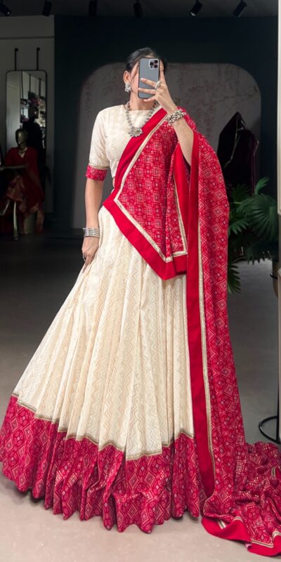LNB 1669 Off White Cotton Sequins Work & Bandhej Print Lehenga Choli in . Best Price ₹3099. Delivery 4-6 Working Days. Shop now. | Creative Lehenga, Bollywood Lehenga, Designer Lehenga, Embroidered Lehenga, Lehenga, Party Wear Lehenga