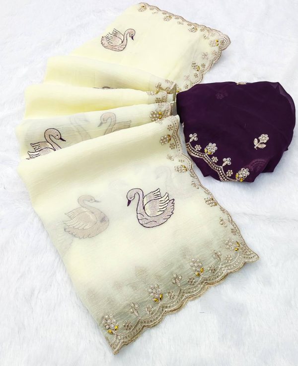 BT 1284 Off White Crunchy Chiffon Saree Perfect for Wedding, Party, Ethnic Day, Ganesh Chaturthi, Sangeet . Best Price ₹1799. Delivery 4-6 Working Days | Embroidered Sarees, Bollywood Sarees, Creative Sarees, Designer Sarees, Ethnic Saree, Modern Digital sarees, Party Wear Sarees, Sarees