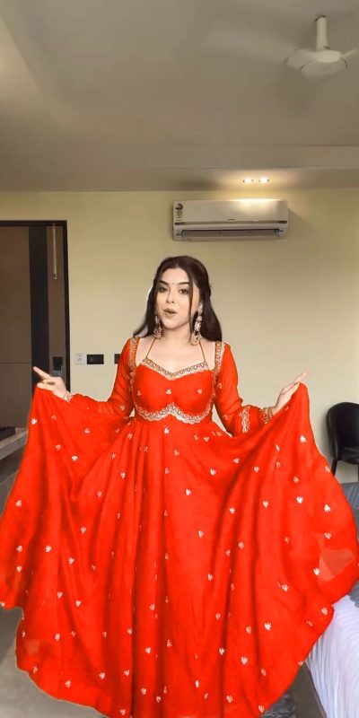 RTC 5924 Orange Georgette Thread With Sequence Gown Perfect for Wedding, Party, Reception, Holi, Eid . Available at ₹1999 only. Delivery 4-6 Working Days. | Bollywood Gowns, Creative Gowns, Designer Gowns, Embroidered Gowns, Gowns, Party Wear Gowns