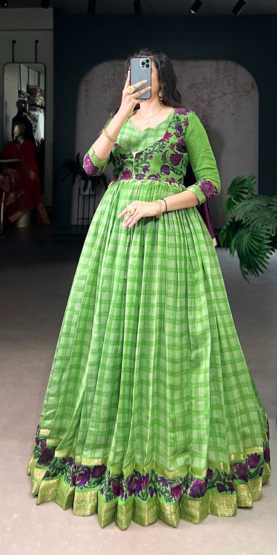 YNF 5034 Parrot Green Polyester Viscose Chanderi Zari Work & Lace Work Gown in . Affordable Price ₹1799. Delivery 4-6 Working Days. Shop now. | Bollywood Gowns, Creative Gowns, Designer Gowns, Embroidered Gowns, Gowns, Party Wear Gowns