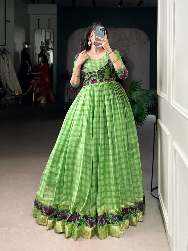 YNF 5034 Parrot Green Polyester Viscose Chanderi Zari Work & Lace Work Gown in . Affordable Price ₹1799. Delivery 4-6 Working Days. Shop now. | Bollywood Gowns, Creative Gowns, Designer Gowns, Embroidered Gowns, Gowns, Party Wear Gowns