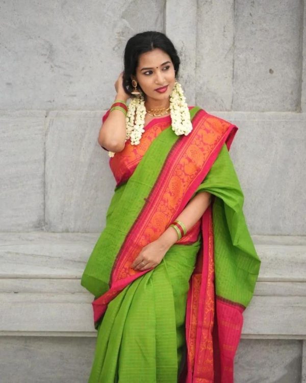 Parrot Green Soft Lichi Silk With Lace Saree