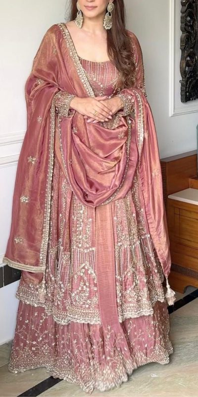 VLM 297 Peach Crunchy Silk with Lace Work & Embroidery Work Gown . Introductory Price ₹2499. Delivery 4-6 Working Days. Shop now. | Bollywood Gowns, Creative Gowns, Designer Gowns, Embroidered Gowns, Gowns, Party Wear Gowns
