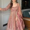 VLM 297 Peach Crunchy Silk with Lace Work & Embroidery Work Gown . Introductory Price ₹2499. Delivery 4-6 Working Days. Shop now. | Bollywood Gowns, Creative Gowns, Designer Gowns, Embroidered Gowns, Gowns, Party Wear Gowns