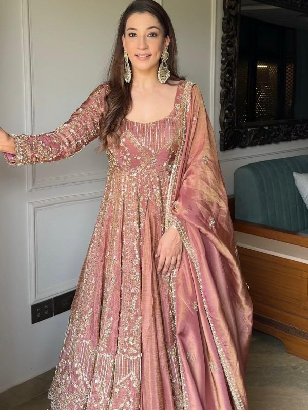 VLM 297 Peach Crunchy Silk with Lace Work & Embroidery Work Gown . Introductory Price ₹2499. Delivery 4-6 Working Days. Shop now. | Bollywood Gowns, Creative Gowns, Designer Gowns, Embroidered Gowns, Gowns, Party Wear Gowns