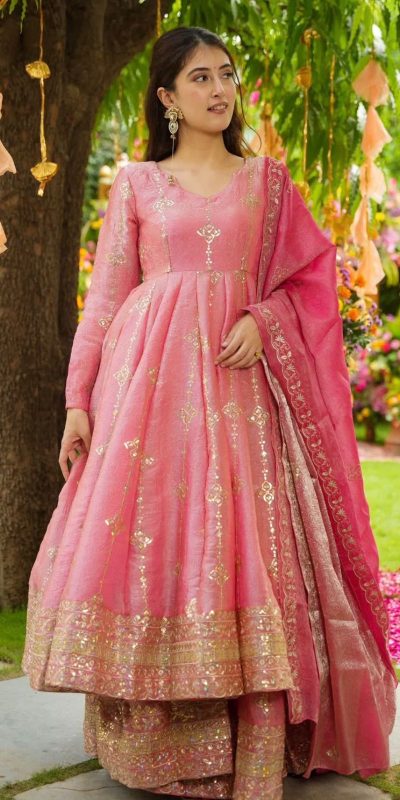 SSR 526 Peach Crunchy Silk With Heavy Embroidery Sequence Work With Fully Flair Salwar Suit Wedding, Party, Festive, Events, Now at just ₹2399. Delivery 4 | Casual Suits, Jump Suits, Tops & Bottoms, Track Suits, Trendy Wear, Creative suits, Designer Suits, Palazzo Suits, Party Wear Suits, Patiala Suits, Salwar suit, Straight Suits