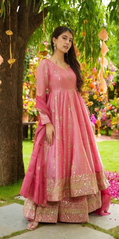 SSR 526 Peach Crunchy Silk With Heavy Embroidery Sequence Work With Fully Flair Salwar Suit Wedding, Party, Festive, Events, Now at just ₹2399. Delivery 4 | Casual Suits, Jump Suits, Tops & Bottoms, Track Suits, Trendy Wear, Creative suits, Designer Suits, Palazzo Suits, Party Wear Suits, Patiala Suits, Salwar suit, Straight Suits