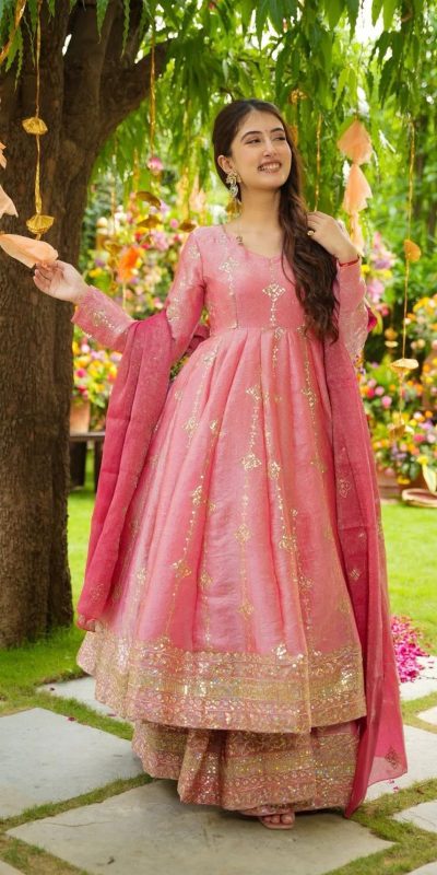 SSR 526 Peach Crunchy Silk With Heavy Embroidery Sequence Work With Fully Flair Salwar Suit Wedding, Party, Festive, Events, Now at just ₹2399. Delivery 4 | Casual Suits, Jump Suits, Tops & Bottoms, Track Suits, Trendy Wear, Creative suits, Designer Suits, Palazzo Suits, Party Wear Suits, Patiala Suits, Salwar suit, Straight Suits