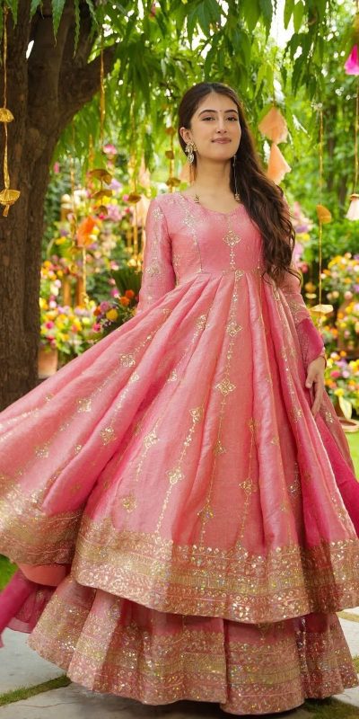 SSR 526 Peach Crunchy Silk With Heavy Embroidery Sequence Work With Fully Flair Salwar Suit Wedding, Party, Festive, Events, Now at just ₹2399. Delivery 4 | Casual Suits, Jump Suits, Tops & Bottoms, Track Suits, Trendy Wear, Creative suits, Designer Suits, Palazzo Suits, Party Wear Suits, Patiala Suits, Salwar suit, Straight Suits