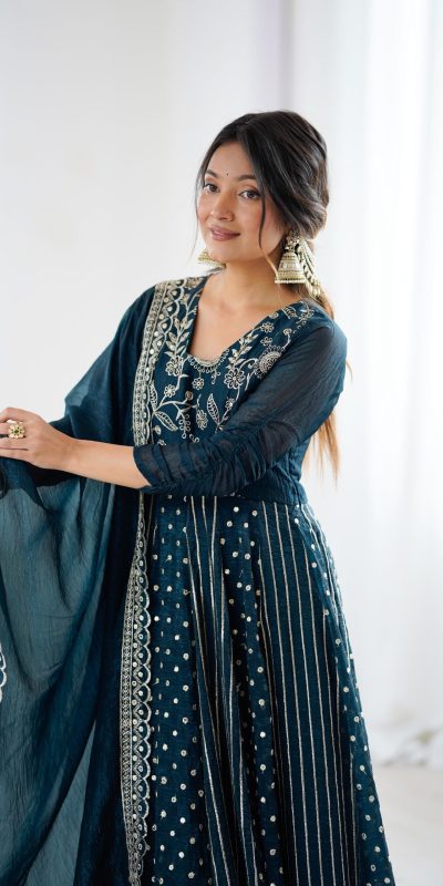 SRK 5293 Peacock Blue With Crunchy Silk With Fully Flair with Lace Work & Embroidery Work Anarkali Gown . Introductory Price ₹2149. Delivery 4-6 Worki | Bollywood Gowns, Creative Gowns, Designer Gowns, Embroidered Gowns, Gowns, Party Wear Gowns