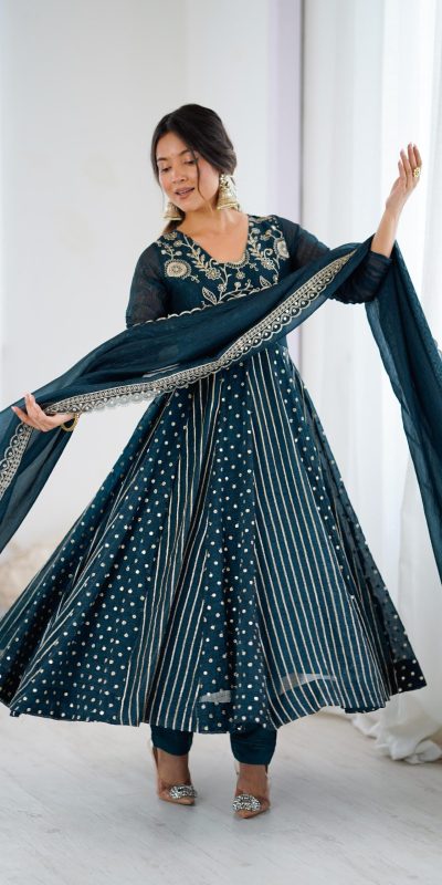 SRK 5293 Peacock Blue With Crunchy Silk With Fully Flair with Lace Work & Embroidery Work Anarkali Gown . Introductory Price ₹2149. Delivery 4-6 Worki | Bollywood Gowns, Creative Gowns, Designer Gowns, Embroidered Gowns, Gowns, Party Wear Gowns