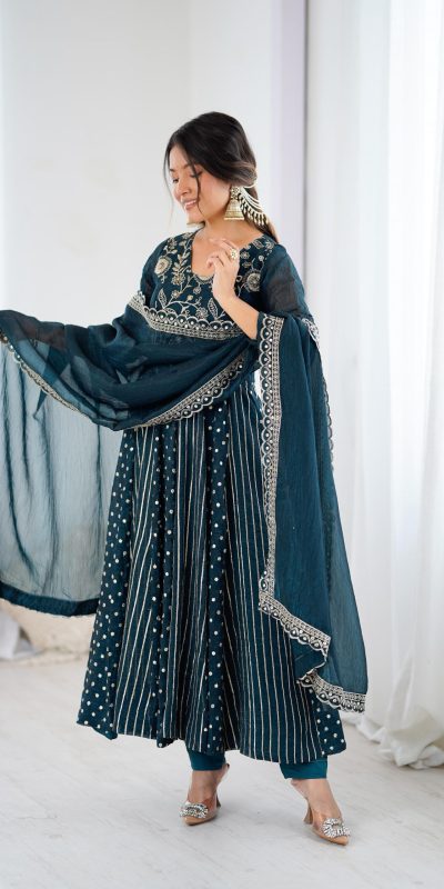 SRK 5293 Peacock Blue With Crunchy Silk With Fully Flair with Lace Work & Embroidery Work Anarkali Gown . Introductory Price ₹2149. Delivery 4-6 Worki | Bollywood Gowns, Creative Gowns, Designer Gowns, Embroidered Gowns, Gowns, Party Wear Gowns