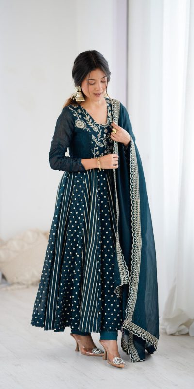 SRK 5293 Peacock Blue With Crunchy Silk With Fully Flair with Lace Work & Embroidery Work Anarkali Gown . Introductory Price ₹2149. Delivery 4-6 Worki | Bollywood Gowns, Creative Gowns, Designer Gowns, Embroidered Gowns, Gowns, Party Wear Gowns