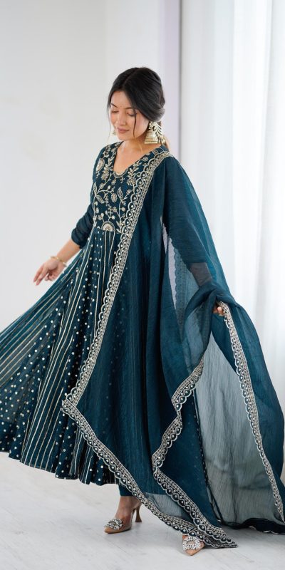 SRK 5293 Peacock Blue With Crunchy Silk With Fully Flair with Lace Work & Embroidery Work Anarkali Gown . Introductory Price ₹2149. Delivery 4-6 Worki | Bollywood Gowns, Creative Gowns, Designer Gowns, Embroidered Gowns, Gowns, Party Wear Gowns