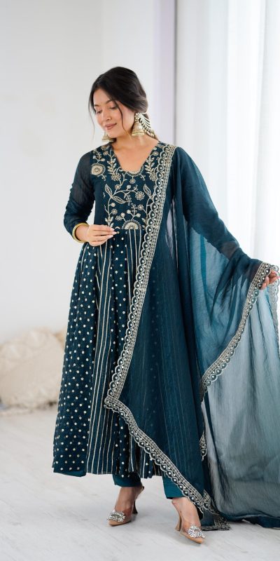 SRK 5293 Peacock Blue With Crunchy Silk With Fully Flair with Lace Work & Embroidery Work Anarkali Gown . Introductory Price ₹2149. Delivery 4-6 Worki | Bollywood Gowns, Creative Gowns, Designer Gowns, Embroidered Gowns, Gowns, Party Wear Gowns