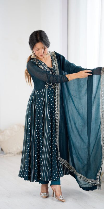 SRK 5293 Peacock Blue With Crunchy Silk With Fully Flair with Lace Work & Embroidery Work Anarkali Gown . Introductory Price ₹2149. Delivery 4-6 Worki | Bollywood Gowns, Creative Gowns, Designer Gowns, Embroidered Gowns, Gowns, Party Wear Gowns