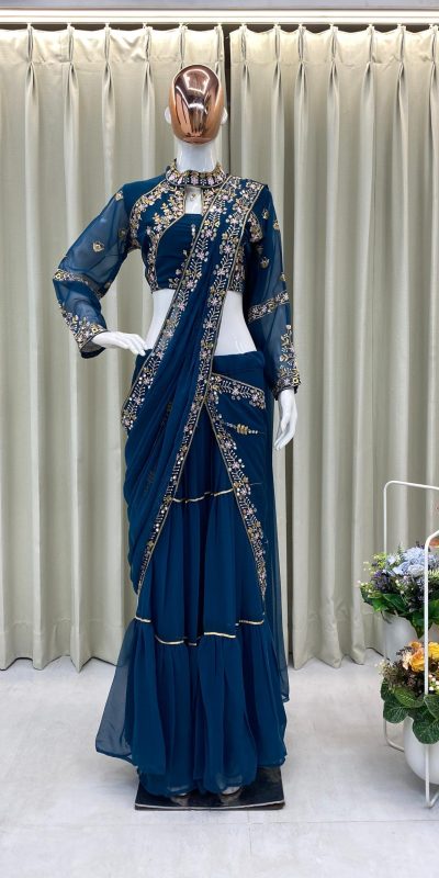BE 280 Peacock Blue Georgette Lehenga Saree Perfect for Wedding, Party, Cultural Events,, Ganesh Chaturthi . Affordable Price ₹2399. Delivery 4-Days | Creative Lehenga, Bollywood Lehenga, Designer Lehenga, Embroidered Lehenga, Lehenga, Party Wear Lehenga